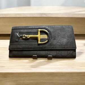 Gucci Black Canvas & Leather Wallet with Gold Horsebit Accent